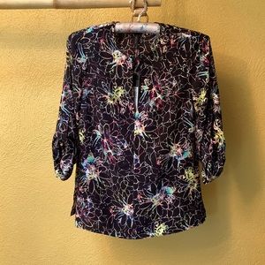 BCBG Printed Blouse, NWT, Size XS, Black Etched Flora Design, 100% Polyester